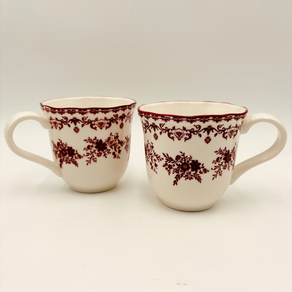Sleigh Bell Bistro Burgundy Floral Toile Coffee Mugs Set of 2 Scalloped Rim 10oz